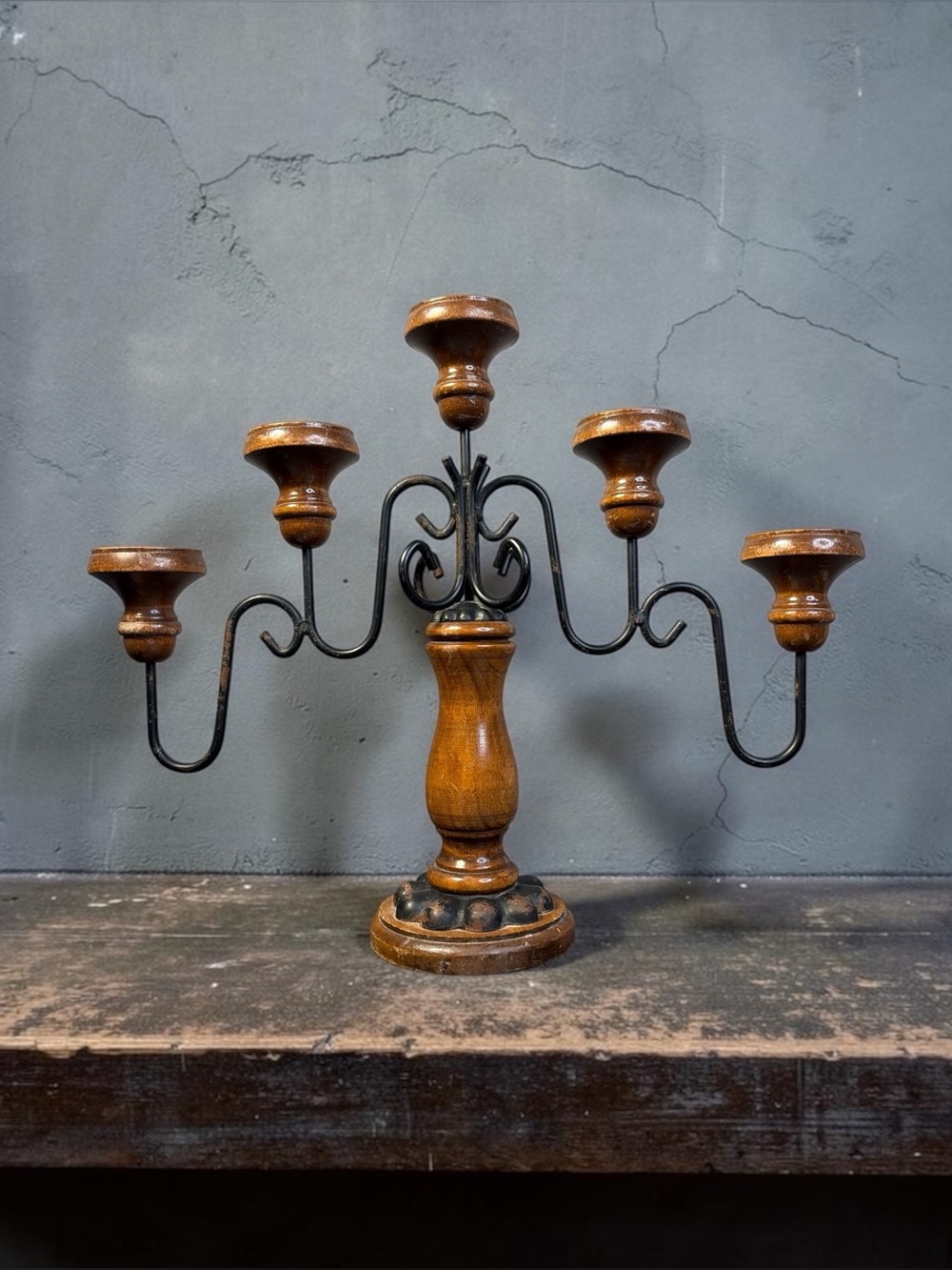 VINTAGE HOMCO HOME INTERIORS WOOD & BLACK WROUGHT IRON 5 ARM CANDELABRA 1970S SP